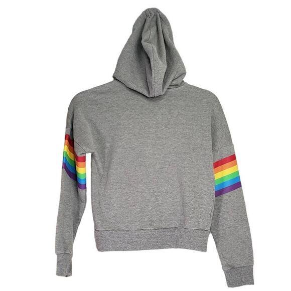 GREY KIDS HOODIE WITH RAINBOW ARM STRIPES AND HEART DETAIL NO INNER TAGS - Picture 2 of 4